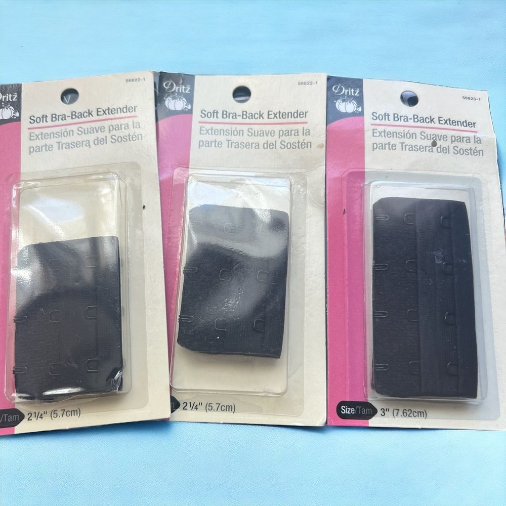 Lot of 3 Vintage Dritz Soft Bra Back Extenders Black 2 are 2 1/4" 1 is 3" NEW
